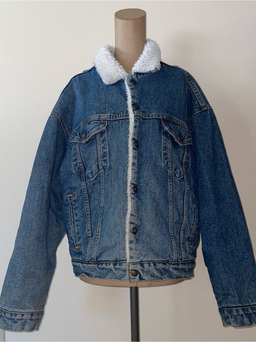 Levi's Blue Denim Sherpa-Lined Jacket with White Collar